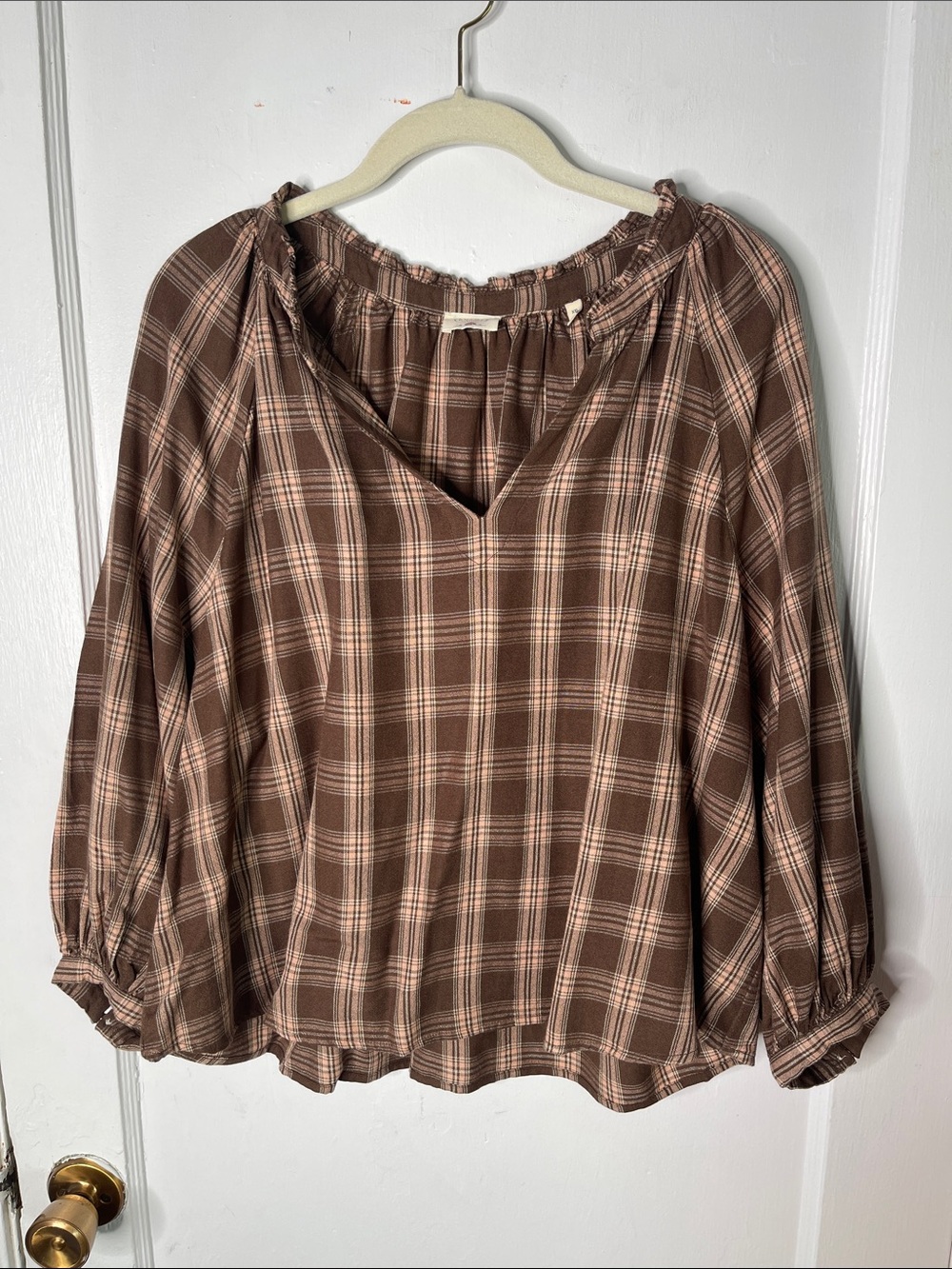 Faherty XXL Peasant Top Brown Plaid Blouse Womens Wool Viscose Blend Boho Office